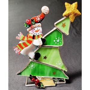Snowman Climbing Christmas Tree Stained Glass Votive Int. Silver Co. Plate